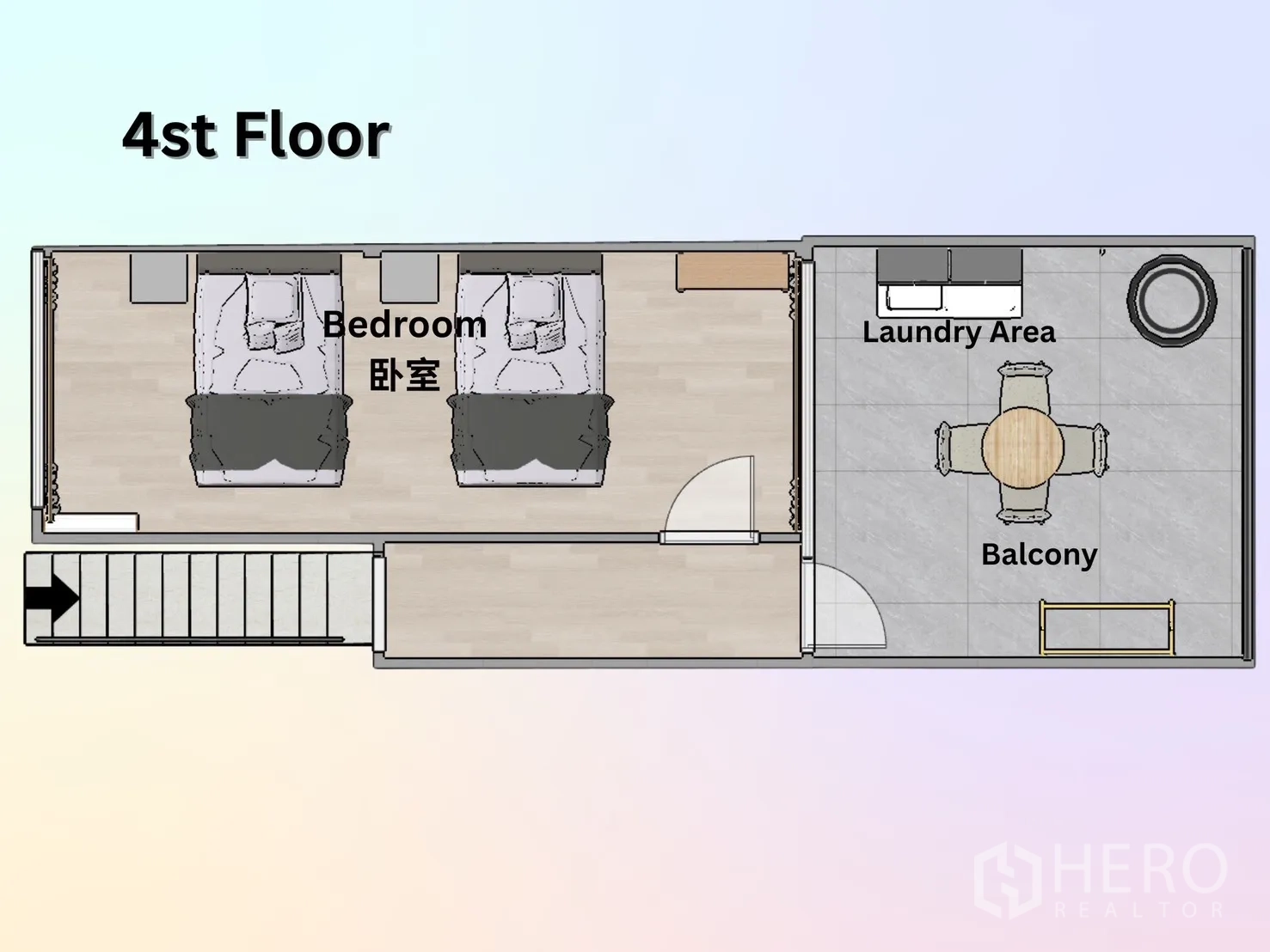 店屋 出租在Ratchathewi, Bangkok - 四楼平面图：卧室、洗衣区与阳台布局。