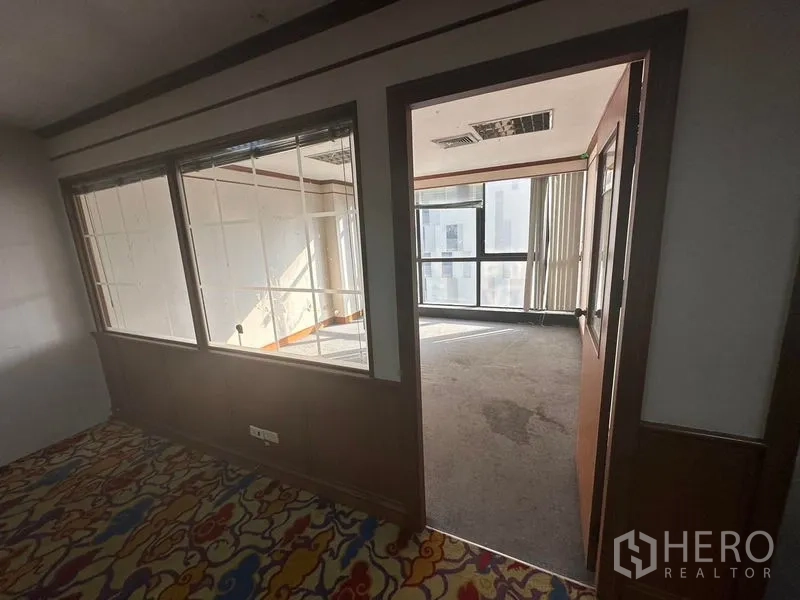 สำนักงาน ให้เช่า - ห้องทำงานส่วนตัว หน้าต่างบานใหญ่พร้อมม่านแนวตั้ง เชื่อมโซนหลักผ่านผนังกระจกและประตูไม้