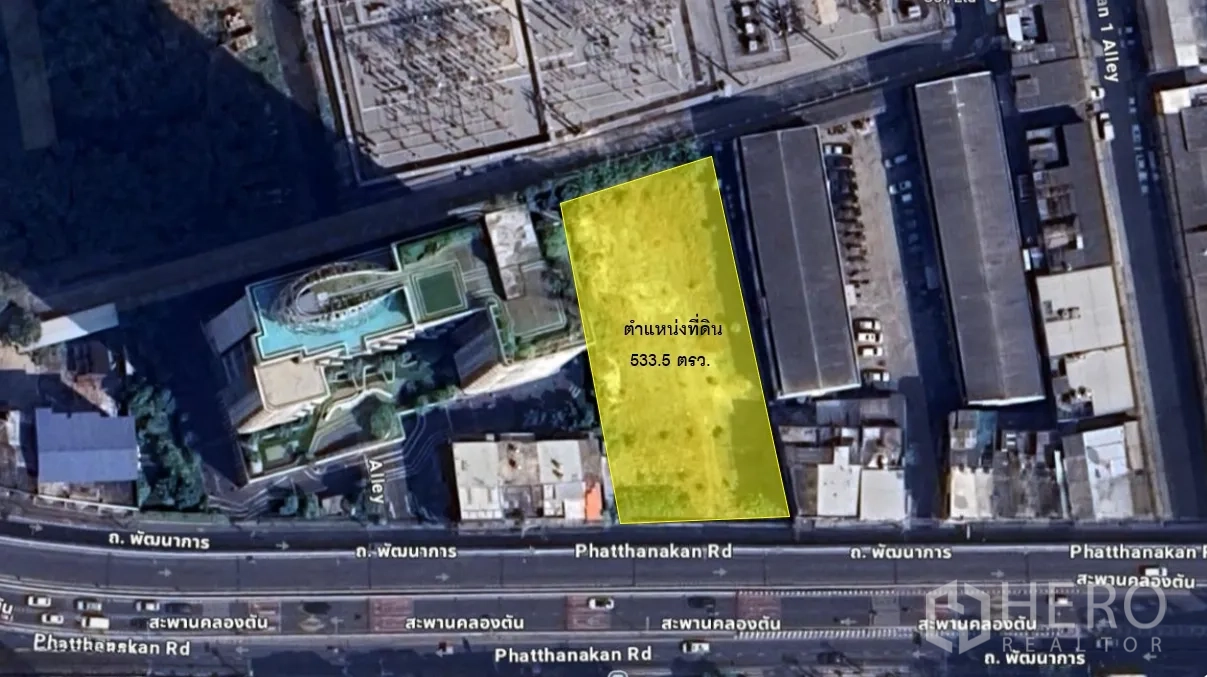 ที่ดิน ขายในSuan Luang, Bangkok - แผนที่ดาวเทียมไฮไลต์ที่ดินขนาด 533 ตร.วาเป็นสีเหลืองระหว่างทรัพย์ข้างเคียง