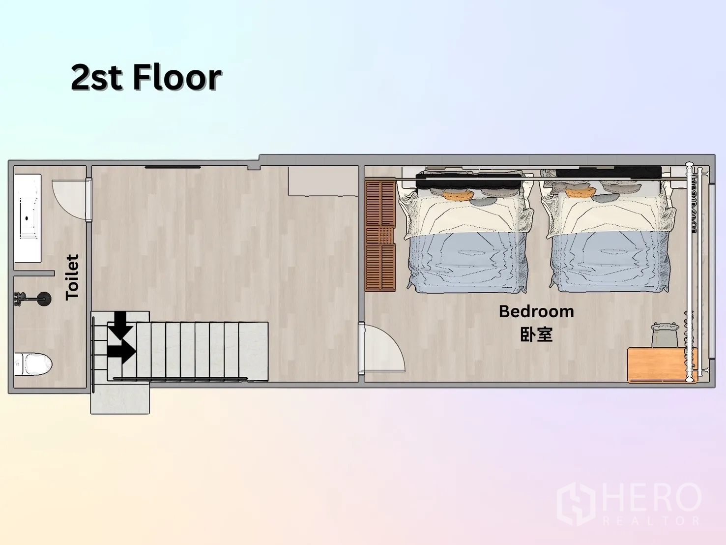 店屋 出租在Ratchathewi, Bangkok - 二楼平面图：大卧室与独立卫生间。