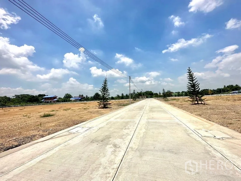 Land for sale in Pathum Thani - Concrete internal road with electricity lines running through subdivided plots in Lam Luk Ka.