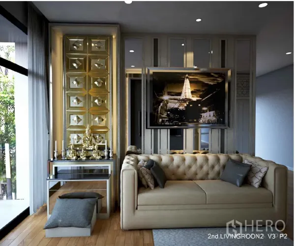 Detached House for rent in Bang Kapi, Bangkok - Elegant second living room with tufted sofa, gold feature wall and large window.