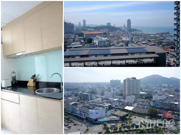公寓 出租或出售在Si Racha, Chon Buri - 浅木色一字型小厨房，以及高楼层的是拉差城市与海景。