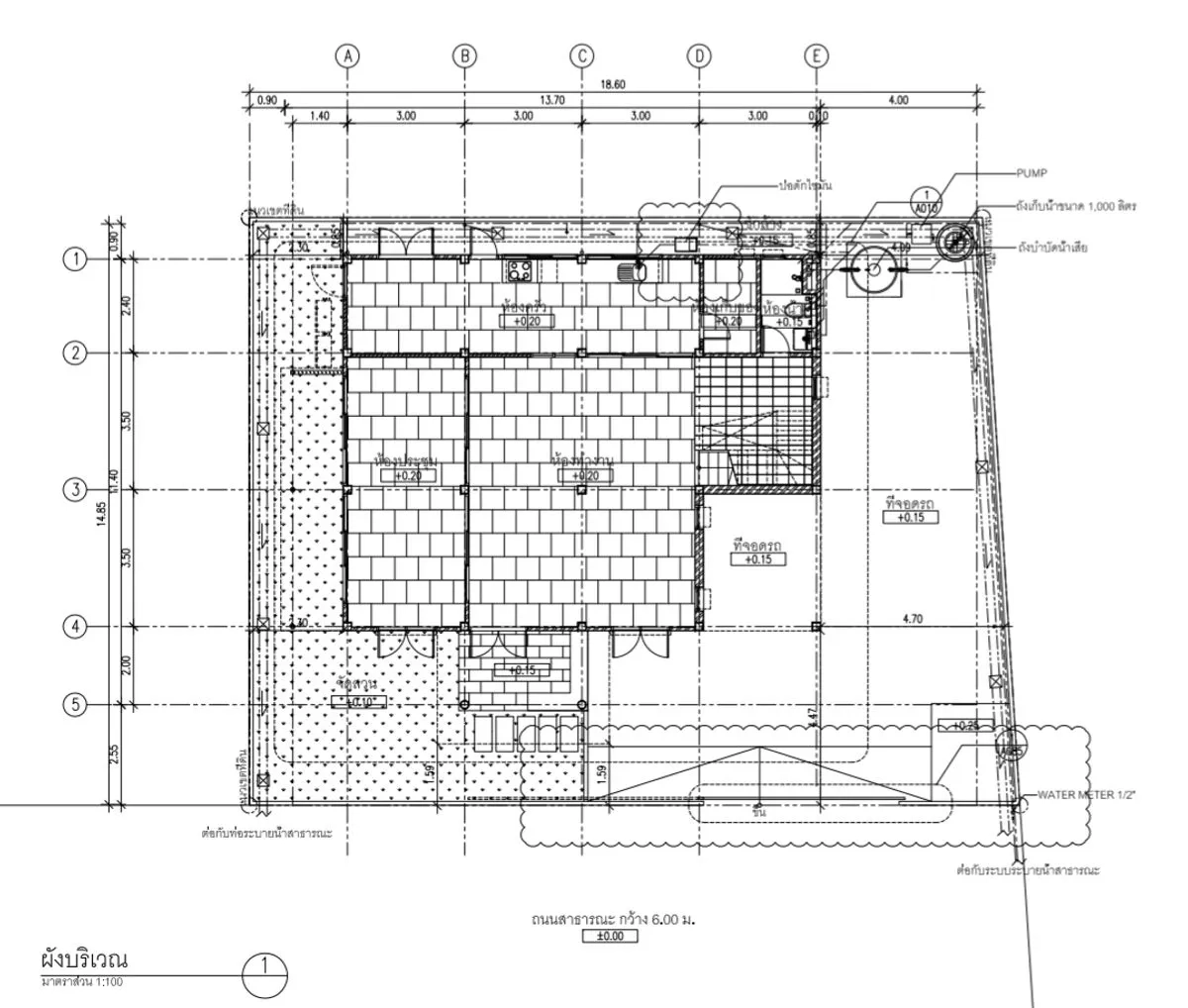 สำนักงานที่บ้าน ให้เช่าในLat Phrao, Bangkok - แบบแปลนชั้นล่าง แสดงการจัดผังห้องและที่จอดรถ