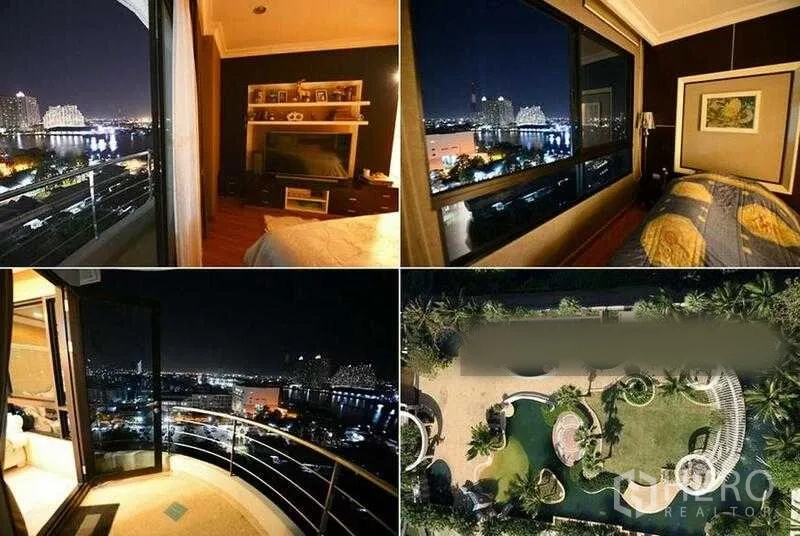 Condominium for rent in Bang Kho Laem, Bangkok - Collage of river and skyline night views from bedroom and balcony with landscaped pool below.