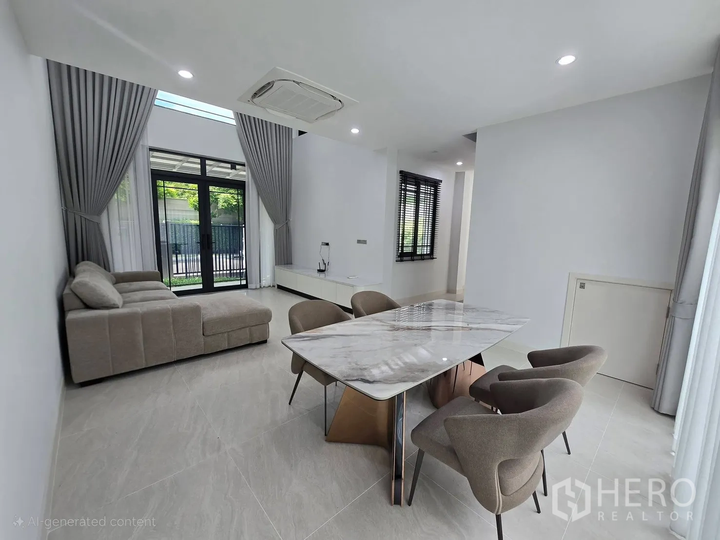 Semi-detached House for rent in Suan Luang, Bangkok - Open-plan living and dining with L-shaped sofa, marble-top table and sliding doors.
