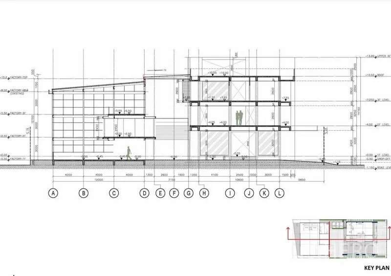 สำนักงานที่บ้าน ให้เช่าหรือขาย - แบบตัดอาคาร แสดงผังสามชั้นและโถงกลาง