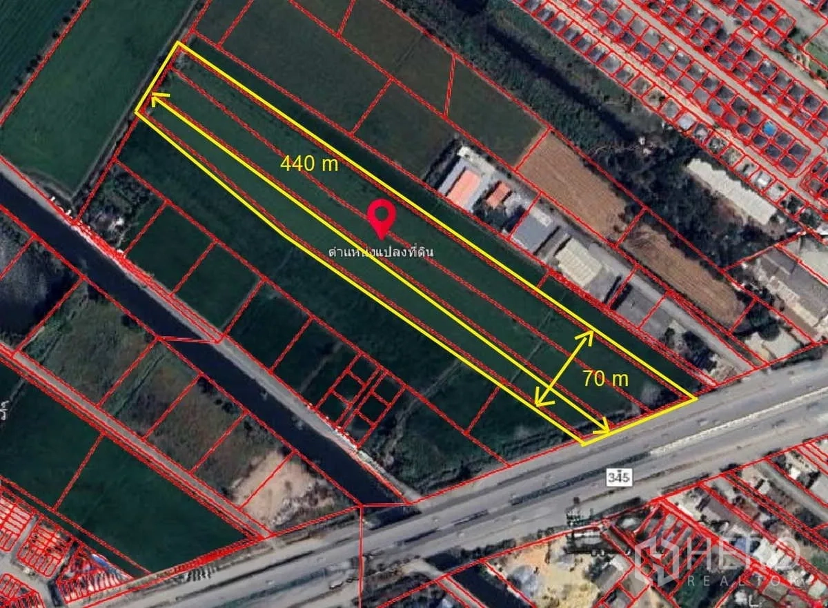 Land for sale in Bang Bua Thong, Nonthaburi - Satellite map highlighting a 21.4‑rai rectangular plot, about 70 m wide and 440 m deep, fronting Road 345.