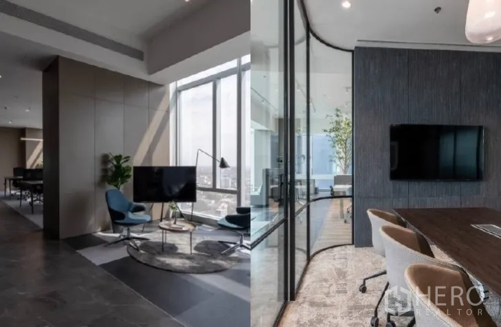 Office Space for rent - Business lounge and glass-walled meeting room with TV screens and city outlook.