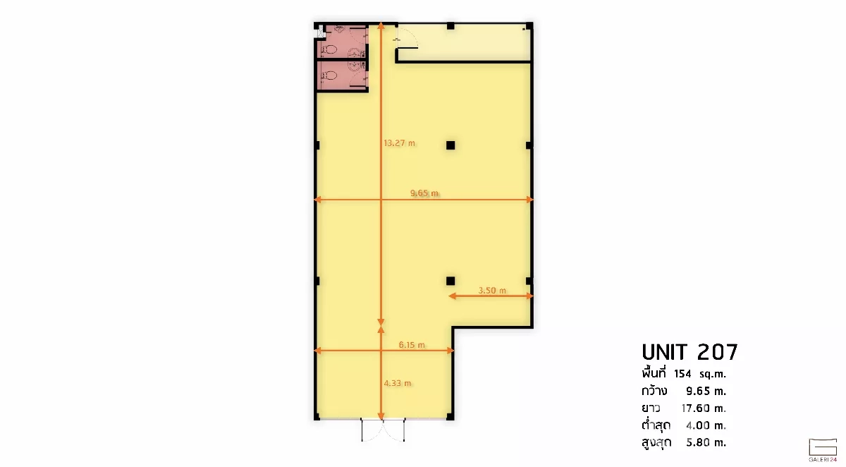 零售空间 出租在Khlong Toei, Bangkok - 207号单元平面图，154平方米，标注尺寸