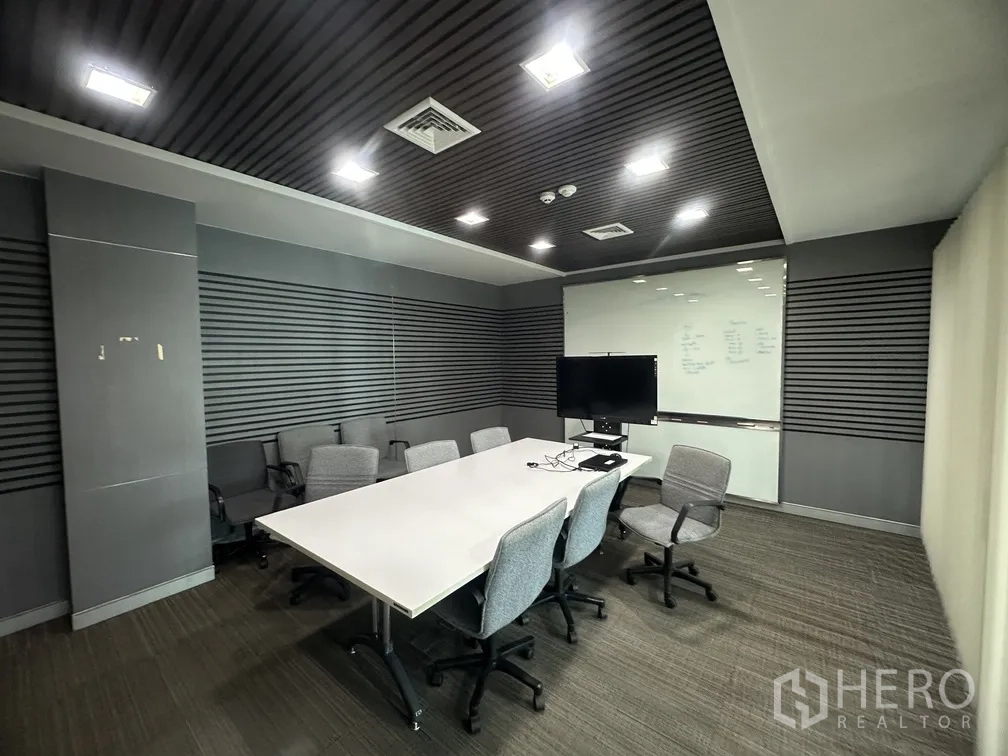 Factory for rent in Lam Luk Ka, Pathum Thani - Modern boardroom with TV screen, whiteboard and acoustic wall panels.