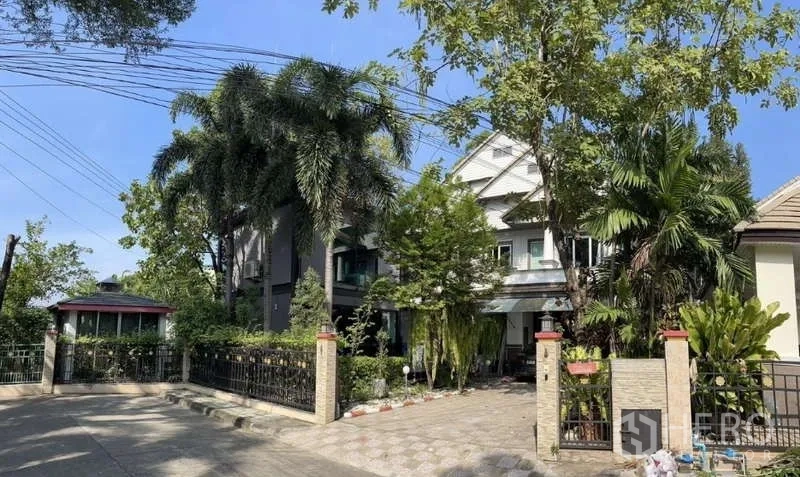 Detached House for sale in Suan Luang, Bangkok - Street view of a gated corner-lot house shaded by tall palm trees.
