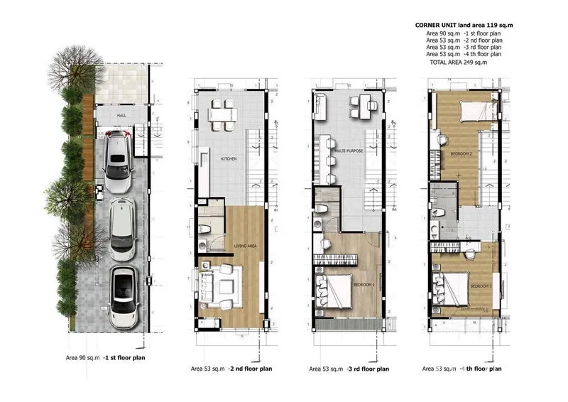 Home Office for rent or sale in Bang Na, Bangkok - Four-level home office floor plan showing parking, kitchen, multipurpose areas and three bedrooms.