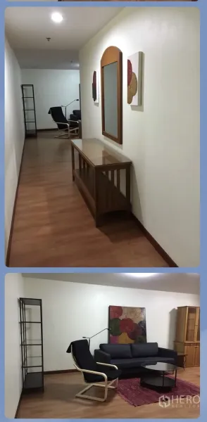 Condominium for rent in Watthana, Bangkok - Long entry hallway with wood floors, console table and mirror leading to the living area.