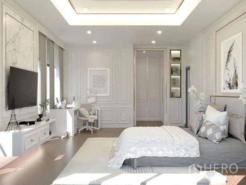 Detached House for rent in Bang Phli, Samut Prakan - Spacious master bedroom with decorative wall panels, TV unit, desk and soft lighting.