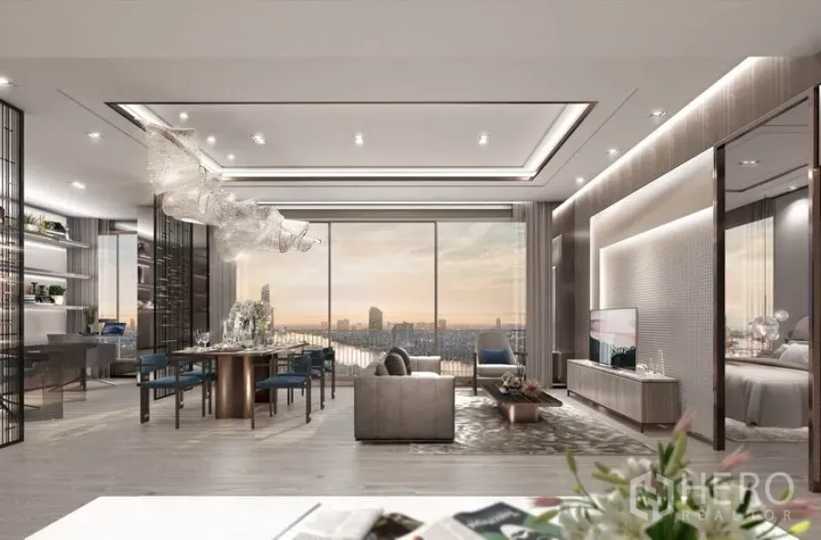 Condominium for sale in Bang Kho Laem, Bangkok - Open-plan living and dining area with large sliding glass doors, river view and contemporary lighting.
