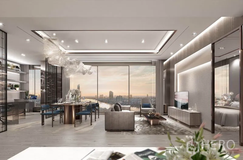 Condominium for sale in Bang Kho Laem, Bangkok - Open-plan living and dining area with large sliding glass doors, river view and contemporary lighting.