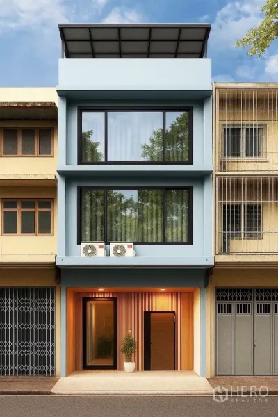 店屋 出租在Ratchathewi, Bangkok - 曼谷拉差贴威四层商住店屋外立面，大窗与加盖屋顶。