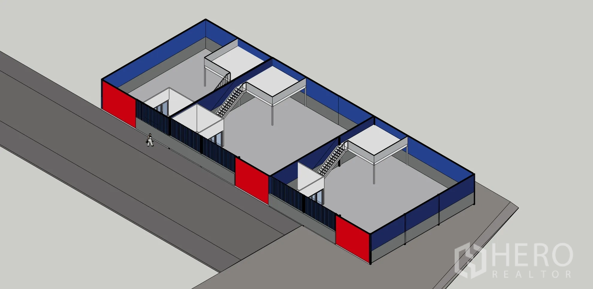 Warehouse for rent in Lam Luk Ka, Pathum Thani - Alternate isometric view of a warehouse row with high walls, mezzanine platforms and street access.