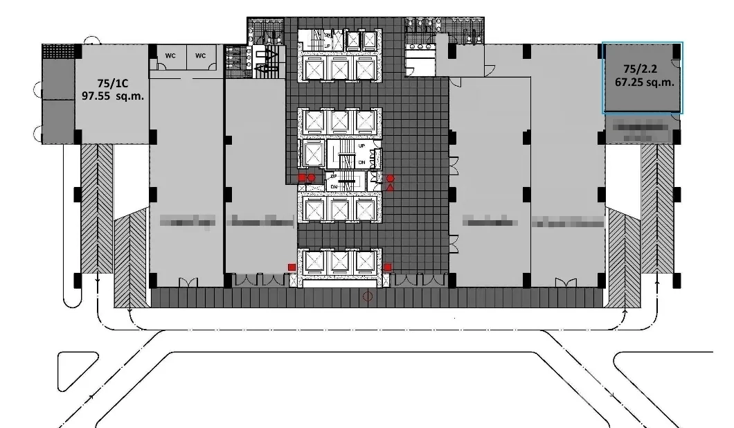 Retail Space for rent in Watthana, Bangkok - Floor plan highlighting a corner retail unit of about 67 sq.m with surrounding corridors and entrances.