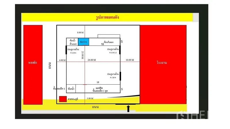 工厂 出租在Lat Lum Kaeo, Pathum Thani - 工厂平面图，标注房间、出入口与尺寸。