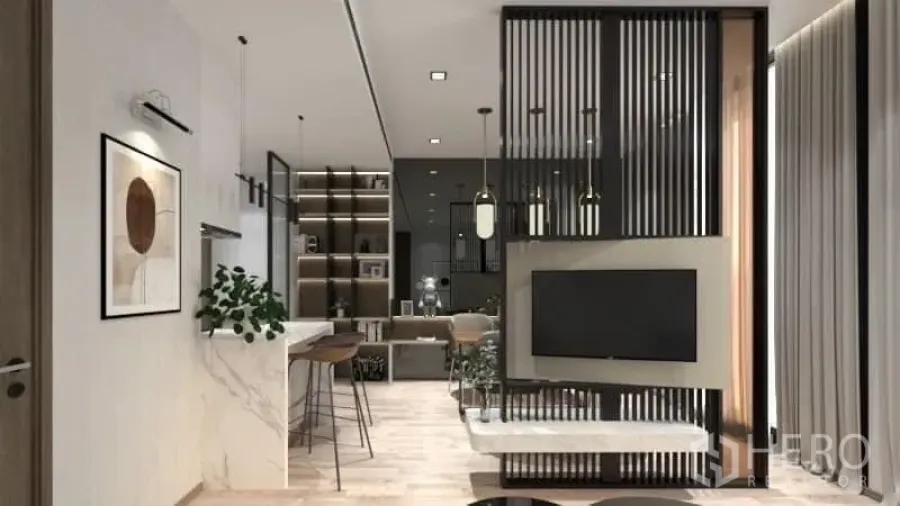 Condominium for rent in Watthana, Bangkok - Open living room showcasing slatted TV wall, large curtains and marble bar.