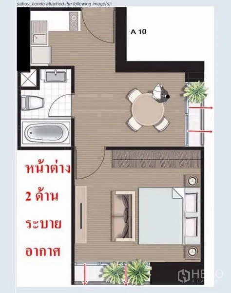 Condominium for sale in Ratchathewi, Bangkok - One-bedroom condo floor plan illustrating 36 sq m layout with kitchen, bath, living area and balcony.