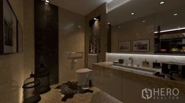 Shophouse for rent in Khlong San, Bangkok - Contemporary restroom featuring a long stone vanity, wall-mounted toilet and ambient lighting.