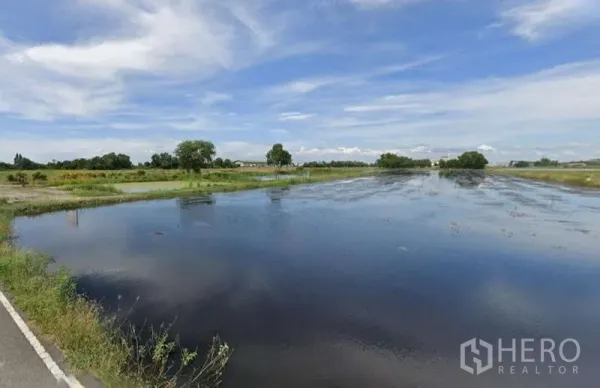 Land for sale in Chachoengsao - Large reflective pond bordered by grass and fields with a roadside edge visible.