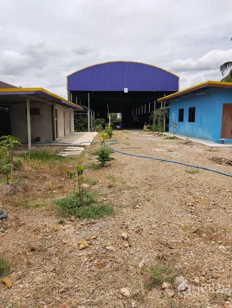 Warehouse for sale in Sai Noi, Nonthaburi - View across the yard toward a large blue-roofed warehouse and staff quarters.