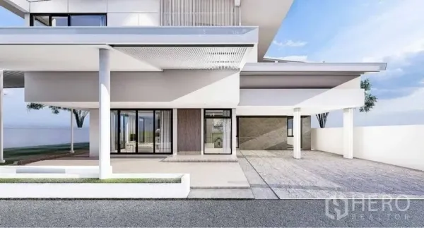 独立式住宅 出租在Lat Phrao, Bangkok - 带顶车棚与主入口，圆柱、玻璃推拉门和门廊的当代住宅。