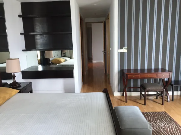 คอนโด ให้เช่าหรือขายในKhlong Toei, Bangkok - มุมมองห้องนอนใหญ่พร้อมโต๊ะทำงาน ผนังลายทาง และทางเดินสู่ห้องน้ำในตัว