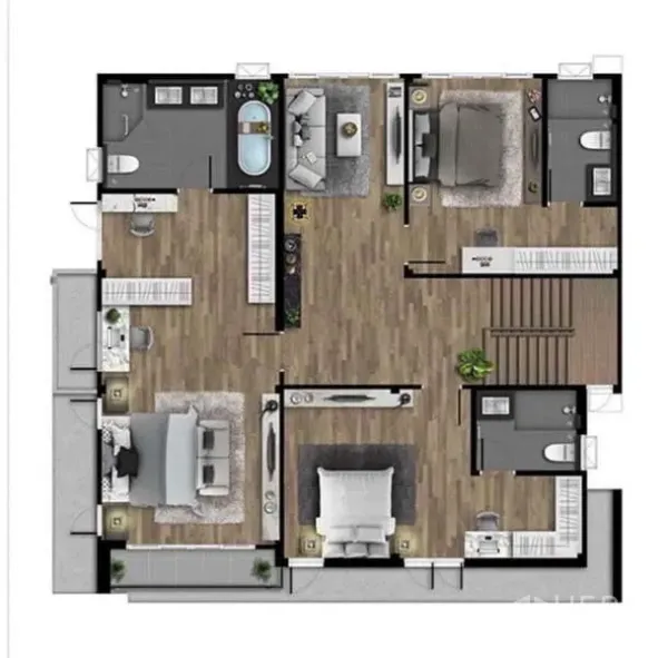 Detached House for rent in Bang Phli, Samut Prakan - Upper-floor plan illustrating bedrooms, bathrooms and a central family area with closets.