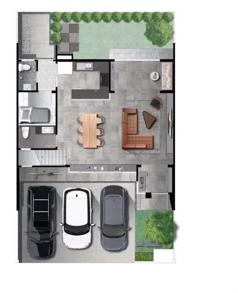 联排别墅 出租在Samut Prakan - 一层平面图，三车位车库、厨房、餐厅与客厅连接花园。