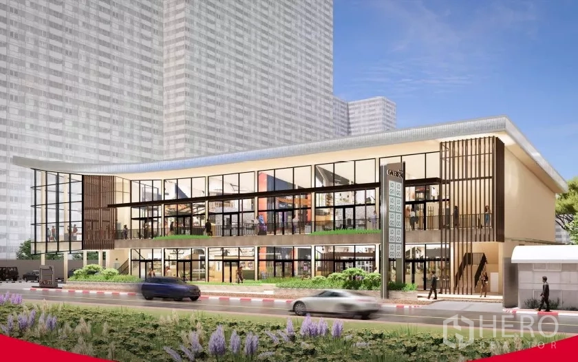 零售空间 出租在Khlong Toei, Bangkok - 两层现代零售广场效果图，整面玻璃立面，位于素坤逸路。