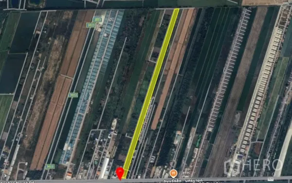 ที่ดิน ขายในThanyaburi, Pathum Thani - มุมมองดาวเทียม แปลงที่ดินทอดยาวจากถนนรังสิต–นครนายก รายล้อมด้วยพื้นที่เกษตรและคลอง