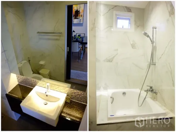 Condominium for rent or sale in Si Racha, Chon Buri - Marble-tile bathroom featuring a vanity sink, toilet and a separate bathtub with handheld shower.