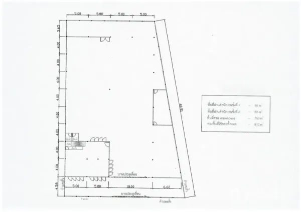 Warehouse for rent in Suan Luang, Bangkok - Warehouse floor plan showing main storage hall, office block and dimensions.
