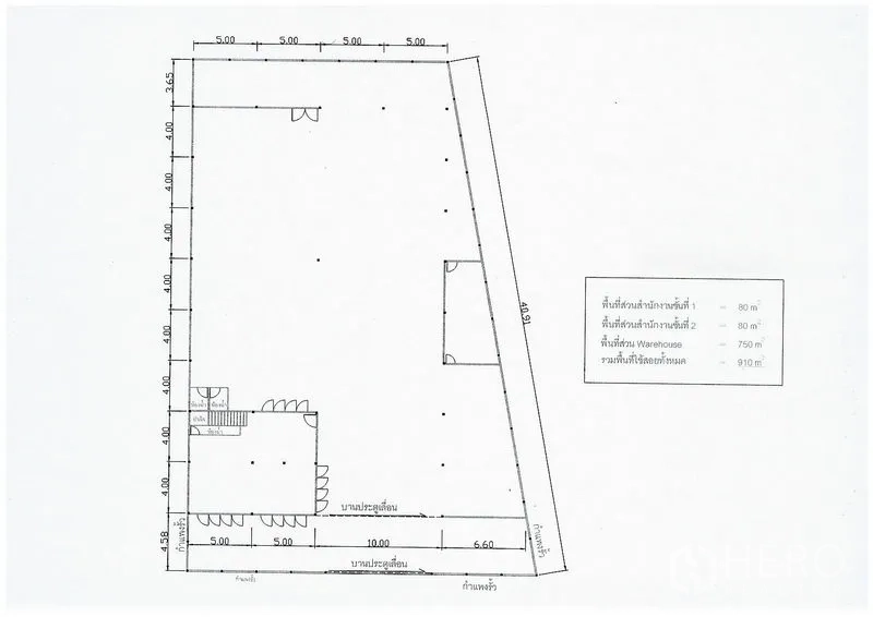 Warehouse for rent in Suan Luang, Bangkok - Warehouse floor plan showing main storage hall, office block and dimensions.