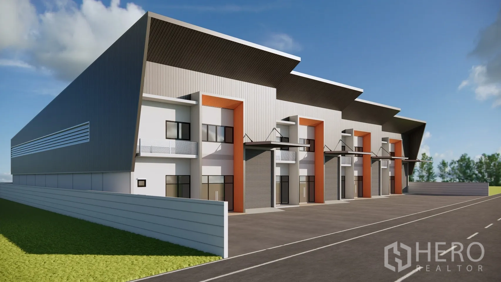 Warehouse for rent in Khlong Sam Wa, Bangkok - Side perspective of the warehouse complex with perimeter wall and shaded loading bays along the driveway.