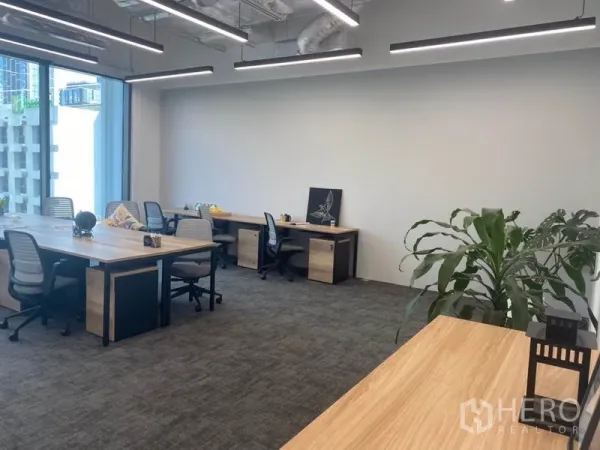 办公空间 出租在Pathum Wan, Bangkok - 宽敞办公区，协作工位、地毯地面、大窗与室内绿植。