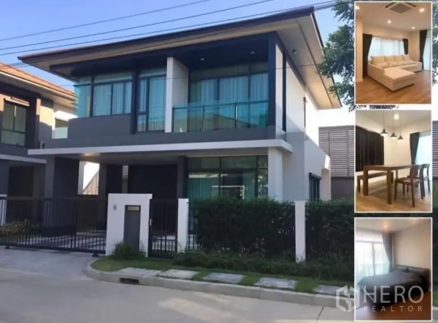 บ้าน ให้เช่าในBang Kapi, Bangkok - หน้าบ้านสองชั้นสไตล์โมเดิร์น ระเบียงกระจก ทางเข้า-ที่จอดรถมีกำแพงรั้ว