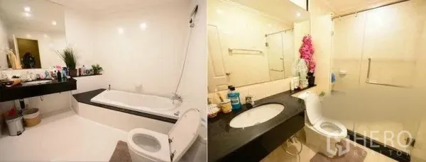 Condominium for rent in Bang Kho Laem, Bangkok - Two modern bathrooms, one with a bathtub and the other with a glass-enclosed shower.