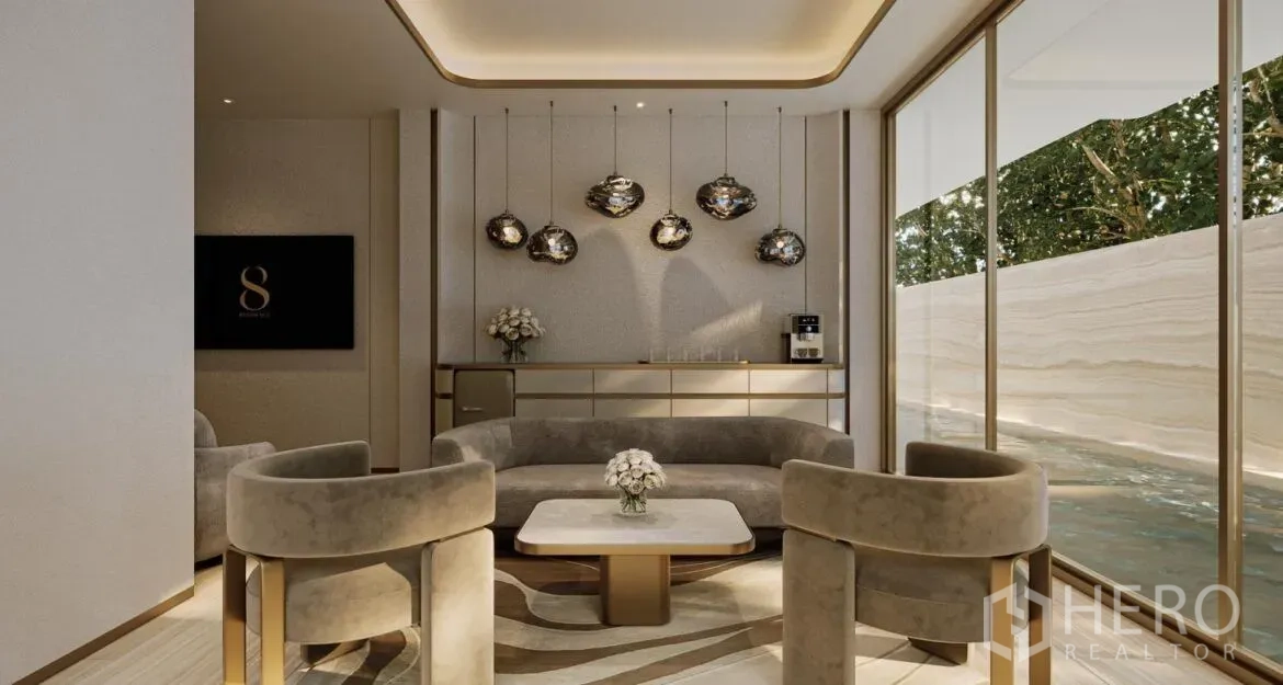 公寓 出售在Watthana, Bangkok - 会所休闲区，落地玻璃旁临户外泳池。