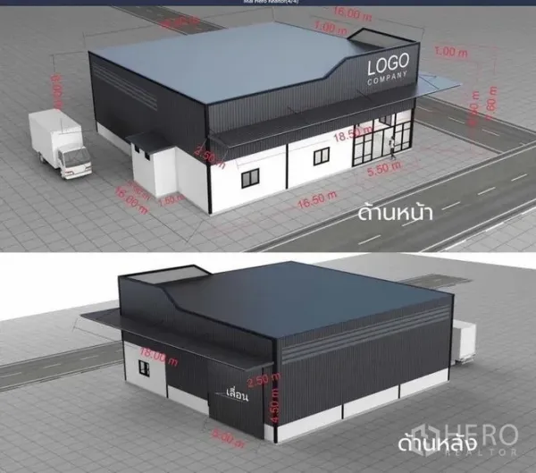 货栈 出租在Lat Phrao, Bangkok - 单体仓库的前后视图，带玻璃办公区、宽幅卷闸门与尺寸标注。