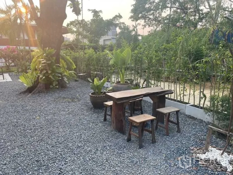 พื้นที่ขายปลีก ให้เช่าในSuan Luang, Bangkok - ลานสวนพร้อมโต๊ะท่อนไม้ ม้านั่ง ต้นไม้ใหญ่ และโอ่งตกแต่ง