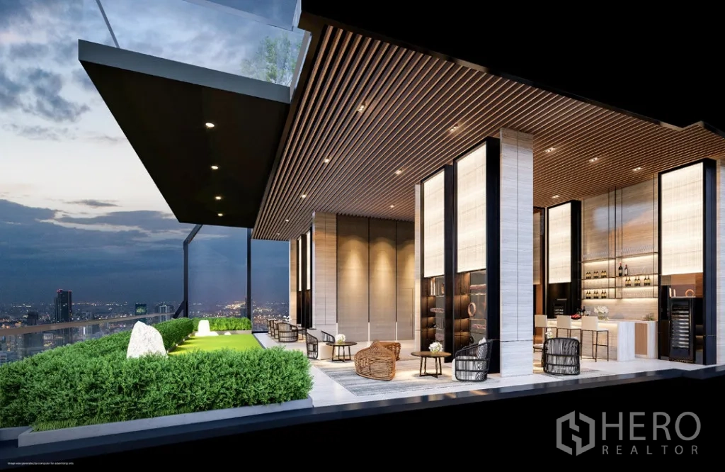 คอนโด ขายในWatthana, Bangkok - สกายเลานจ์พร้อมสวนลอยฟ้า พื้นที่นั่งพักผ่อน และวิวเมืองยามค่ำ