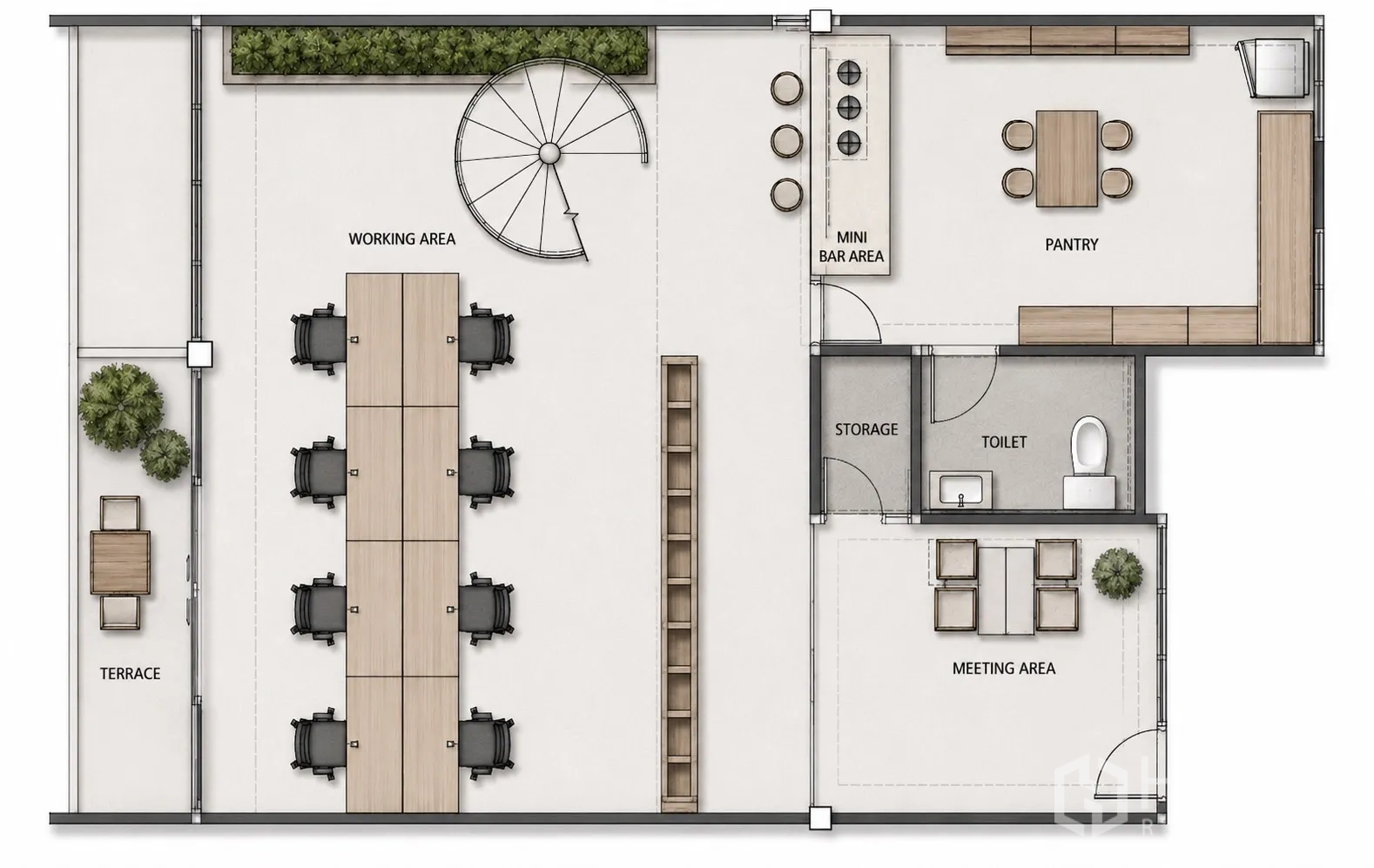 办公室 for rent in Phaya Thai, Bangkok - 平面图展示开放工作区、会议室、茶水间与卫生间。