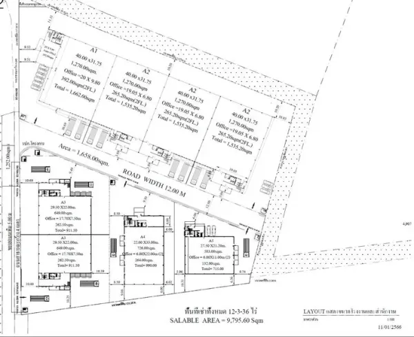 Factory for rent in Bang Pakong, Chachoengsao - Site plan of the industrial compound showing multiple factory units, 12 m internal road and office blocks.