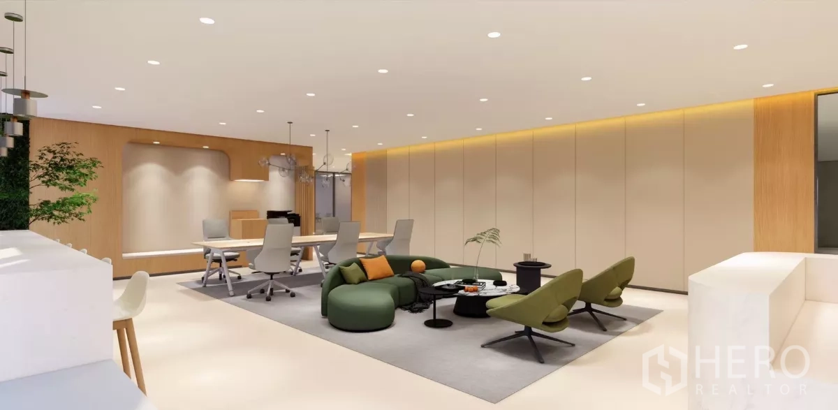 สำนักงาน ให้เช่าในHuai Khwang, Bangkok - โซนเลานจ์และพื้นที่ทำงานร่วมสมัย พร้อมโซฟา เก้าอี้ทำงาน และไฟตกแต่ง